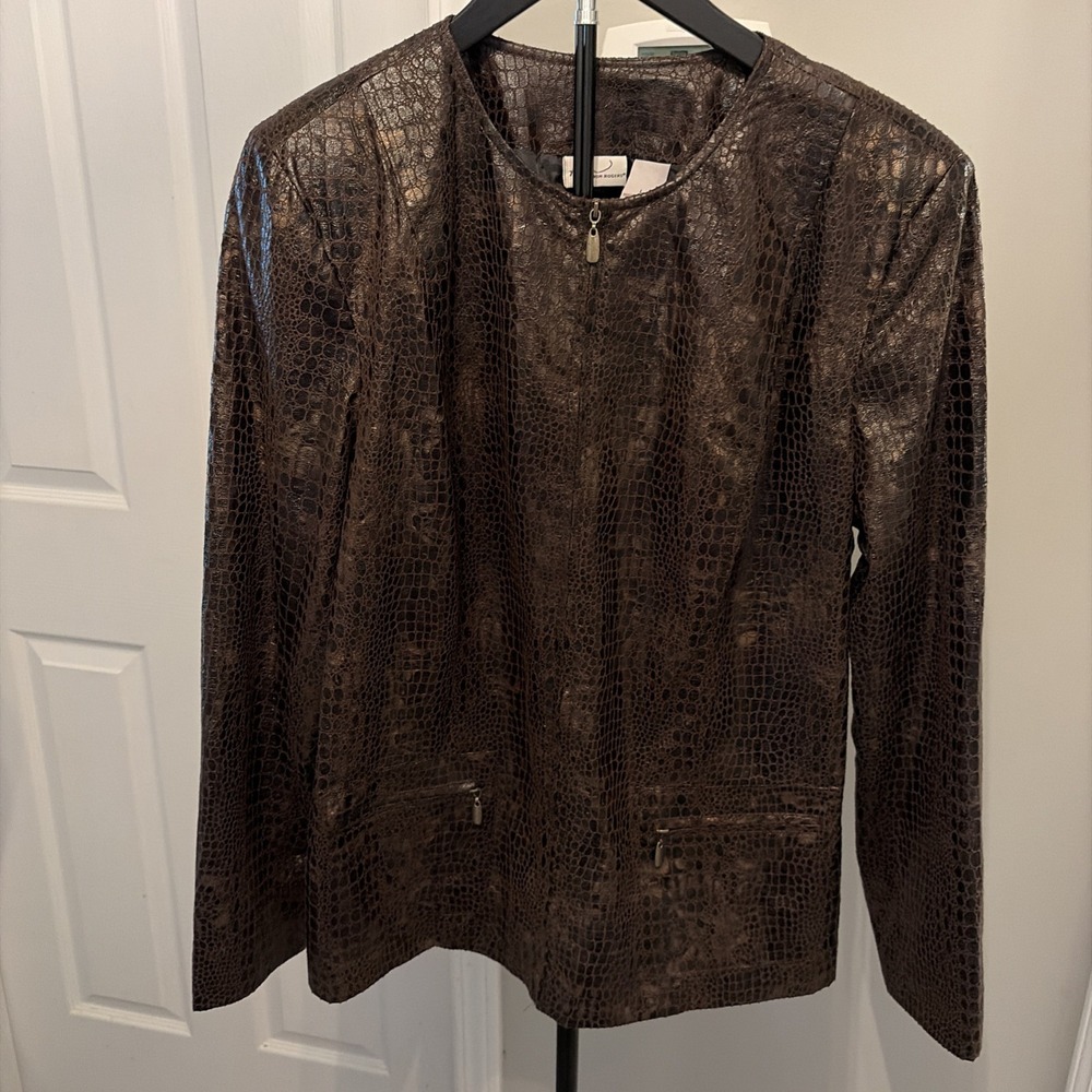 Kim‎ Rogers Faux Leather Croc Embossed Jacket Brown L Coquette Y2K Mob Wife EVC
